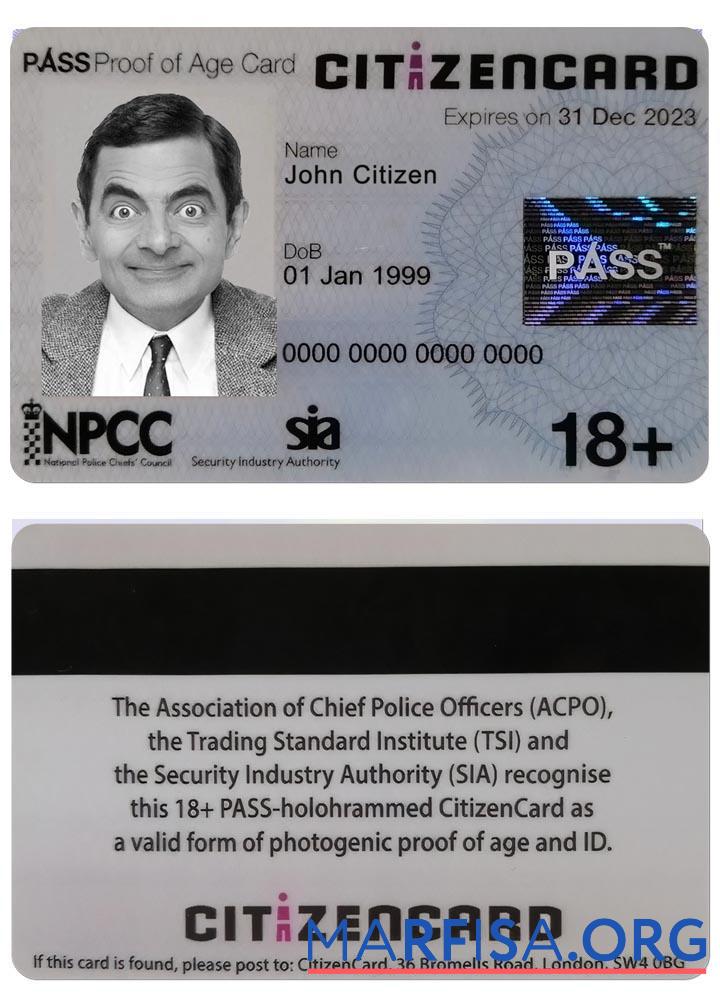 Blank United Kingdom Pass CitizenCard (proof of age card) real example